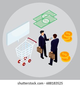 E-commerce, pay online and online shopping concept. Flat 3d isometric design