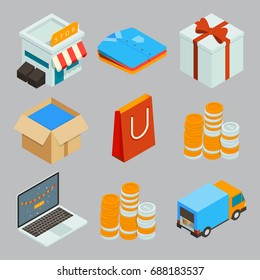 E-commerce, pay online and online shopping concept. Flat 3d isometric design