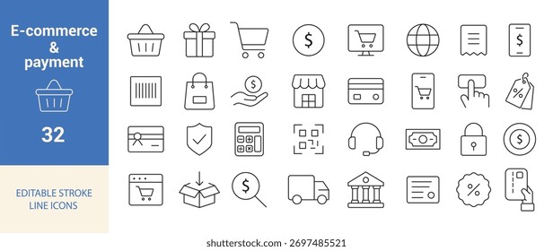 Conjunto de iconos de línea editable de comercio electrónico y pago. Carrito de compras, tarjeta de crédito, tienda en línea, dinero, seguridad y entrega