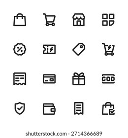 E-commerce and payment line icon set featuring shopping bag, shopping cart, online store, discount, coupon, voucher, gift, receipt, credit card, cash on delivery, wallet, and secure payment icons.
Ide