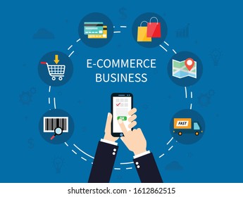 e-commerce  payment online shopping on blue background. Businessman hand order goods vector. vector illustration modern flat design.