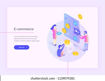 E-commerce. People are developing the interface of a web application, an online store. Electronic payments. Modern vector illustration isometric style.