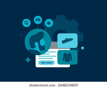 E-commerce personalization driven by AI recommendations and online user behavior supports targeted marketing and global shopping. Ecommerce personalization improves interface interaction illustration