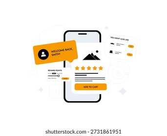 La personalización del comercio electrónico impulsa los viajes de compra personalizados con recomendaciones de productos, programas de lealtad, alertas de Carritos abandonados, seguimientos posteriores a la compra y Ilustración vectorial de anuncios de retargeting