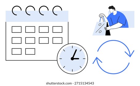 Planejamento de comércio eletrônico, descontos de compra, programação, gerenciamento de tempo, estratégias de varejo, compras on-line. Visual de um calendário, relógio comprador com bolsas e setas circulares. Planejamento de comércio eletrônico