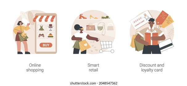 E-commerce Platform Abstract Concept Vector Illustration Set. Online Shopping, Smart Retail, Discount And Loyalty Card, Digital Product Catalog, Goods Delivery, VR Concept Store Abstract Metaphor.