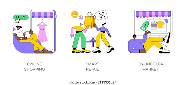 Conjunto de ilustraciones vectoriales abstractas de la plataforma de comercio electrónico. Compra en línea, venta al por menor inteligente, mercado de pulgas en línea, tienda de Internet, aplicación móvil, catálogo de productos digitales, metáfora abstracta de subastas.