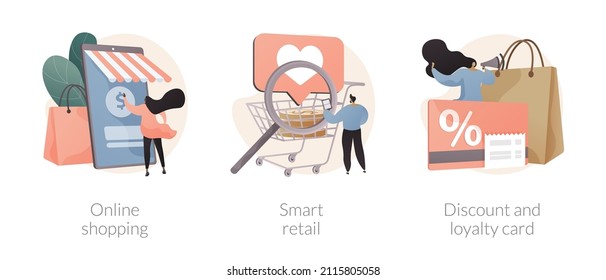 E-commerce platform abstract concept vector illustration set. Online shopping, smart retail, discount and loyalty card, digital product catalog, goods delivery, VR concept store abstract metaphor.