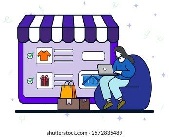 E-commerce platform concept. Woman using laptop to choosing goods, making order. Online shopping, shop, cart, payment, digital, online, buy, sell, marketplace, retail, commerce. 