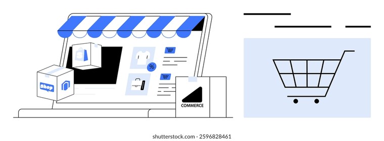 E-commerce platform displayed on a laptop screen with shopping bags, packages, and digital store interface. Ideal for online shops, retail, digital marketing, business presentations, startups