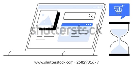 E-commerce platform displayed on laptop showing search bar, product listings, and image thumbnail. Includes hourglass and shopping cart icon. Ideal for online shopping, digital marketing, website