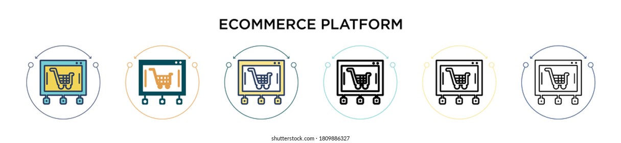 Ecommerce platform icon in filled, thin line, outline and stroke style. Vector illustration of two colored and black ecommerce platform vector icons designs can be used for mobile, ui, web