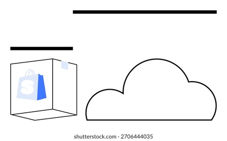 Icono de plataforma de comercio electrónico con gráfico de bolso de compras, Formas rectangulares flotantes y contorno de nube Grande. Ideal para tiendas en línea, almacenamiento en la nube, App minoristas, comercio electrónico, plataformas digitales, Web