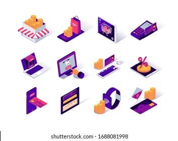 Ecommerce platform isometric icons set. Online banking and money transfer, ecommerce website service. Payment by smartphone, smartwatch, laptop and atm terminal. Online shopping 3d vector isometry.