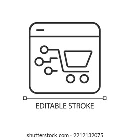 Ecommerce platform linear icon. Online store creating. Kind of website. Selling products. E commerce. Thin line illustration. Contour symbol. Vector outline drawing. Editable stroke. Arial font used