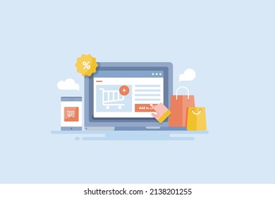 eCommerce platform for online shop, eCommerce checkout process, accepting digital payment, Mobile shopping app - flat design vector illustration with icons