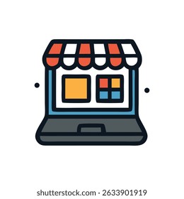 O sucesso da plataforma de comércio eletrônico é visualizado através de um notebook com um toldo acima, ideal para ilustrar as conquistas e o crescimento do varejo on-line.