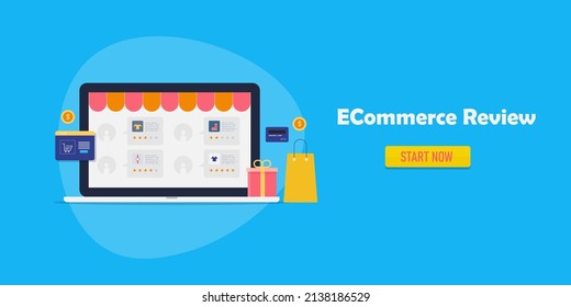 eCommerce platform, eCommerce website review, online shopping from laptop computer, digital marketplace - flat design vector illustration banner