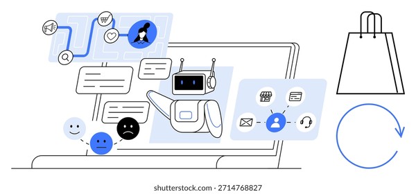 Plataformas de comércio eletrônico, atendimento ao cliente, comunicação digital, compras on-line, inteligência artificial, experiência do usuário. Robô chatbot interagindo com comentários e mensagens online. Comércio eletrônico