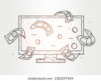 Ilustración vectorial poligonal de comercio electrónico aislada en fondo blanco. Arte abstracto de monitoreo y dinero