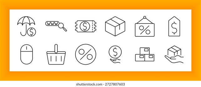 Icono de comercio electrónico y conjunto de Precios. Paraguas, cursor, Cupón, caja, signo de descuento, etiqueta, mouse, cesta, porcentaje, moneda de dólar, paquetes, entrega mano en el contorno.