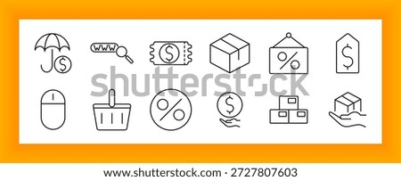 E-commerce and pricing set icon. Umbrella, cursor, coupon, box, discount sign, tag, mouse, basket, percent, dollar coin, packages, delivery hand in outline.