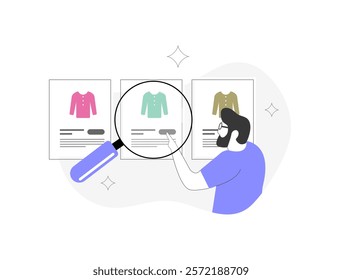 E-commerce product comparison illustration with magnifying glass, clothing items and user interaction. Online shopping, product search, customer reviews and decision-making vector illustration