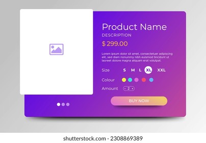 Ecommerce product details page with price and place for image. Attractive page and card UI design with gradient purple for website, landing page or card. vector EPS	
