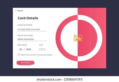 Ecommerce product details page with price and place for image. Attractive page and card UI design with gradient purple for website, landing page or card. vector EPS	
