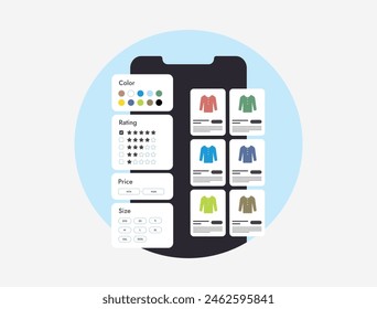 Ecommerce Product Filters - help customers sort offerings by attributes, easing search and boosting sales. Price, rating, color, sizes and other thematic filters in marketplaces and online shops