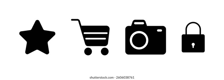 Ecommerce product icon set. Black flat icon of star, cart, camera, lock vector illustration.