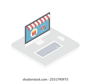 E-Commerce Product Isometric Illustration. Simple style online shopping. Internet sale il online shop. Shopping online on computer or laptop. 