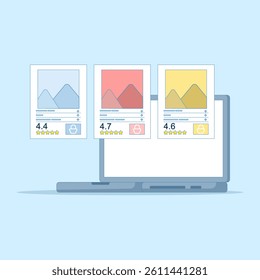E-commerce product rating system concept. Helping customers choose quality items through reviews and feedback. Product ratings provide a digital experience for users and build trust. Flat design.