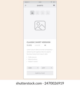 Ecommerce product screen with price and slider. Vector mobile wireframe editable design for mobile, with sample data and real user interface graphic details ready for ux and ui projects.