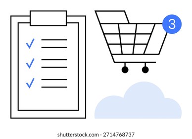 Comércio eletrônico, produtividade, armazenamento em nuvem, tendências de compras, gerenciamento de tarefas, ferramentas digitais. Um carrinho de compras com uma notificação, uma lista de verificação e um ícone de nuvem. Conceitos de comércio eletrônico e produtividade