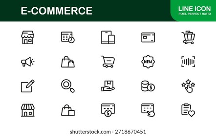 E-Commerce Professional Line Icon Set mit modernem Minimaldesign, einzigartigen Vektorgrafiken und klaren Umrissen für digitale Premiumprojekte und Branding