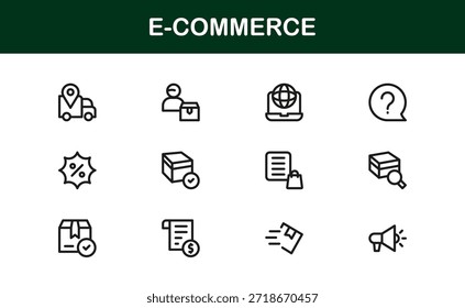 Conjunto de ícones de linha profissional de e-Commerce com designs mínimos modernos, ilustrações vetoriais exclusivas e esboços limpos para projetos digitais premium e branding