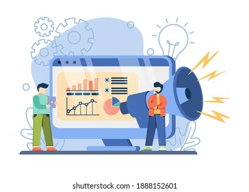 e-commerce promotion concept. big megaphone on screen provides discount online shopping announcements .flash sale, special offer, e-commerce shop promotion, Online shopping abstract metaphor.