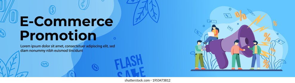 Diseño de Banner Web de promoción de comercio electrónico. La gente negocia y promueve con un megáfono grande. E-Commerce, cabecera de compra en línea o cartel de pie de página.