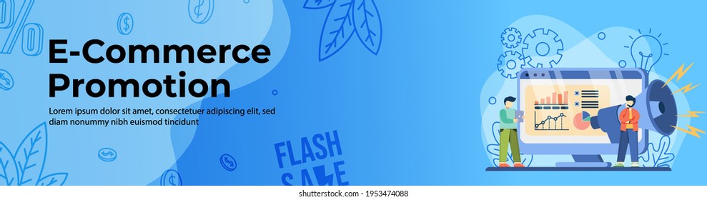 E-commerce Promotion Web Banner Design. People do promotion with megaphone on screen and analyze sale forecasting. E-Commerce, Online Shopping header or footer banner.