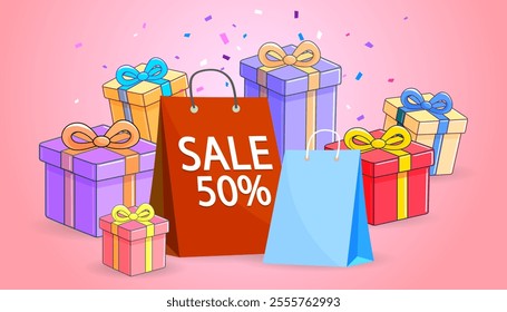 E-commerce, Promotions and Discounts, Discount codes and banners like "SALE 50%" or coupon illustrations., Create themed sets like delivery icons or promotional graphics., Vector and illustration,