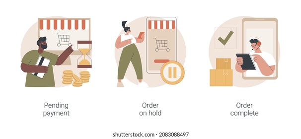 E-commerce purchase processing abstract concept vector illustration set. Pending payment, order on hold, booking complete, shipping details and delivery service, bank transaction abstract metaphor.