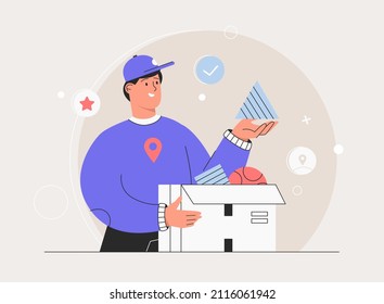 E-commerce purchase processing abstract concept. Man in uniform take a completed order in store. Flat style vector illustration.