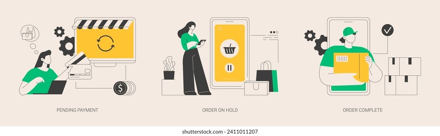 E-commerce purchase processing abstract concept vector illustration set. Pending payment, order on hold, booking complete, shipping details and delivery service, bank transaction abstract metaphor.