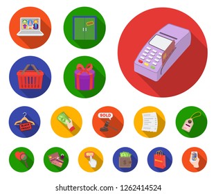 E-commerce, Purchase and sale flat icons in set collection for design. Trade and finance vector symbol stock web illustration.