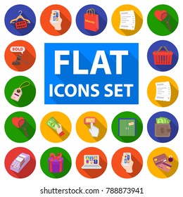 E-commerce, Purchase and sale flat icons in set collection for design. Trade and finance vector symbol stock web illustration.