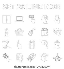 E-commerce, Purchase and sale outline icons in set collection for design. Trade and finance vector symbol stock web illustration.
