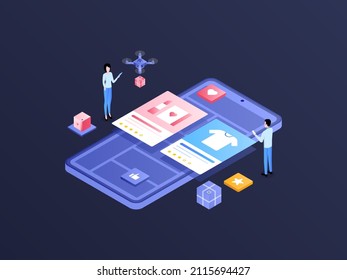 E-Commerce Rating Isometric Illustration Dark Gradient. Suitable for Mobile App, Website, Banner, Diagrams, Infographics, and Other Graphic Assets.