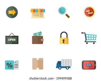 E-commerce related items icon series in flat colors style.