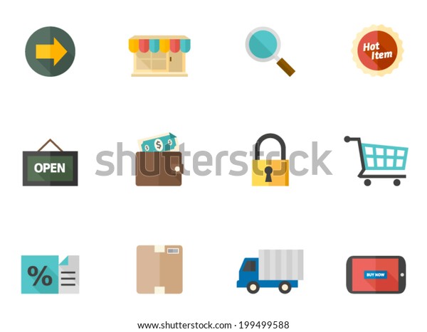 E-commerce related items icon series in flat\
colors style.